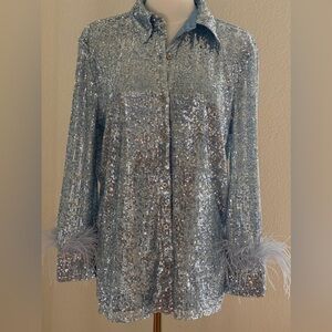 Jude Connally Blue Sequin Top with Feather Accents